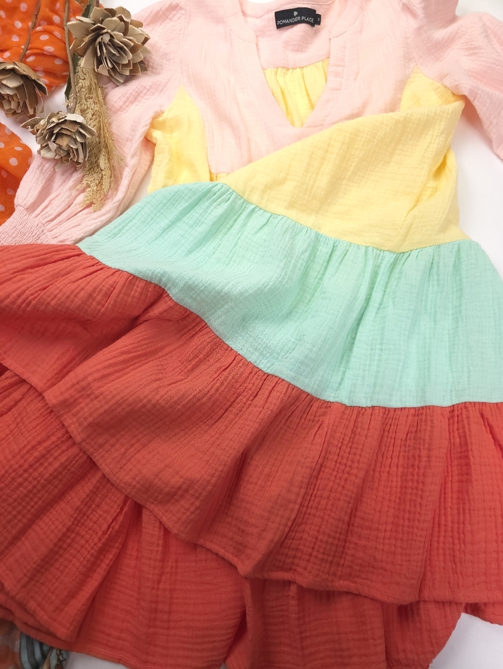 New Tuckernuck Pomander Place Colorblock Tiered Dress Pink Yellow Mint Red Sz S - Picture 5 of 13
